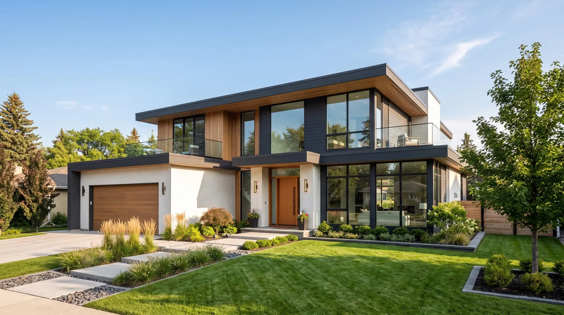 Modern two-storey house with large windows and a front lawn